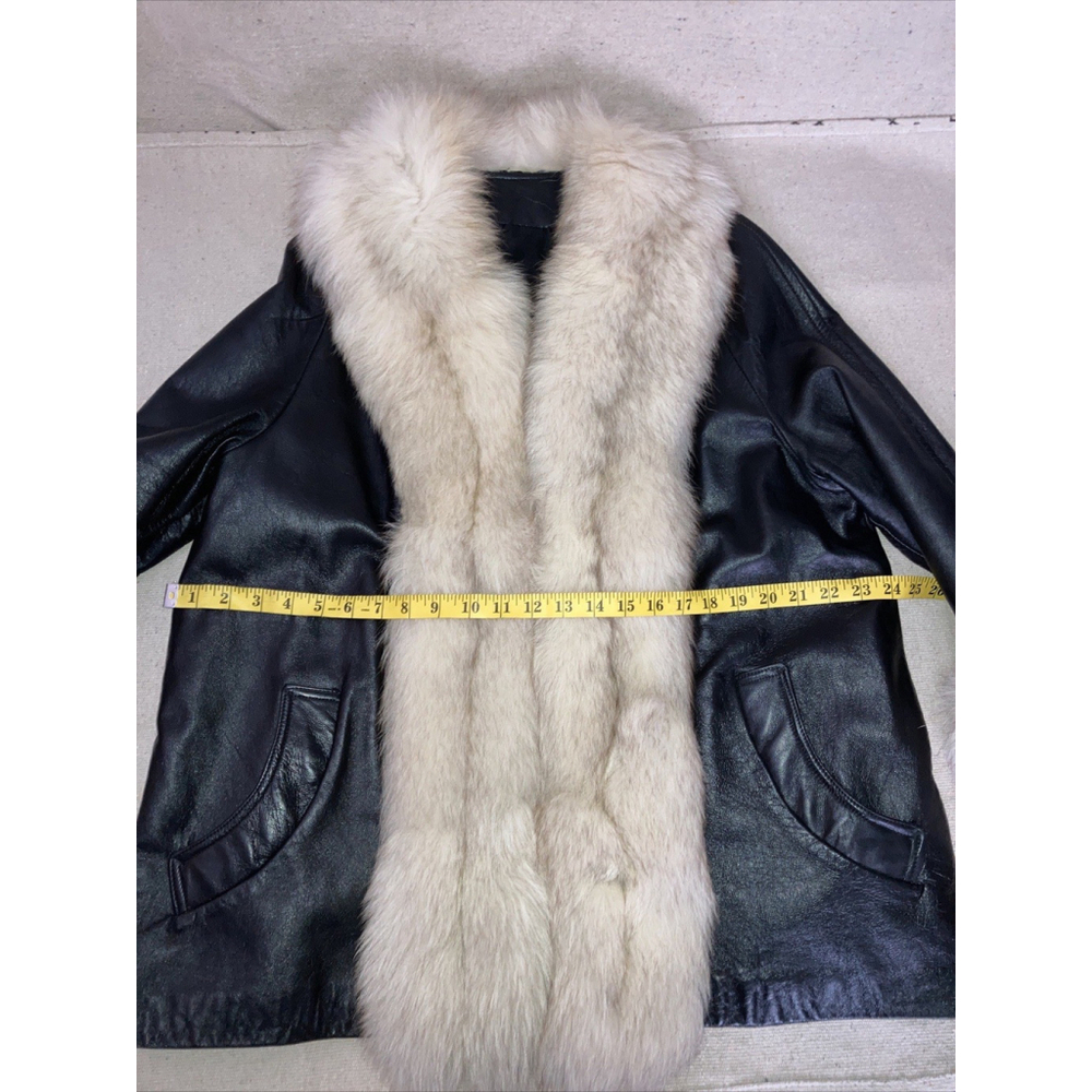 Vintage 60s Leather Penny Lane Fox Fur Collar Front Cuffs Trim Swing Coat Jacket - Picture 8 of 16